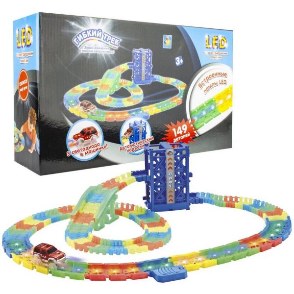 Игровой набор 1TOY Гибкий трек LED со светодиодными лампами, джип [т16190]